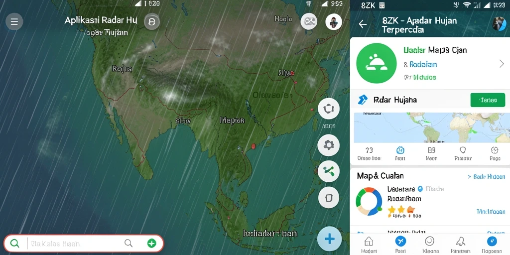 Antarmuka aplikasi Radar Hujan 8ZK menampilkan peta cuaca interaktif.
